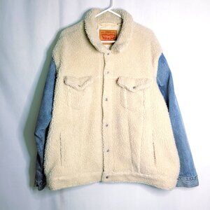 Levi's Relaxed Jacket Mens Adult XL Cream Sherpa Fleece Blue Denim Arms Trucker